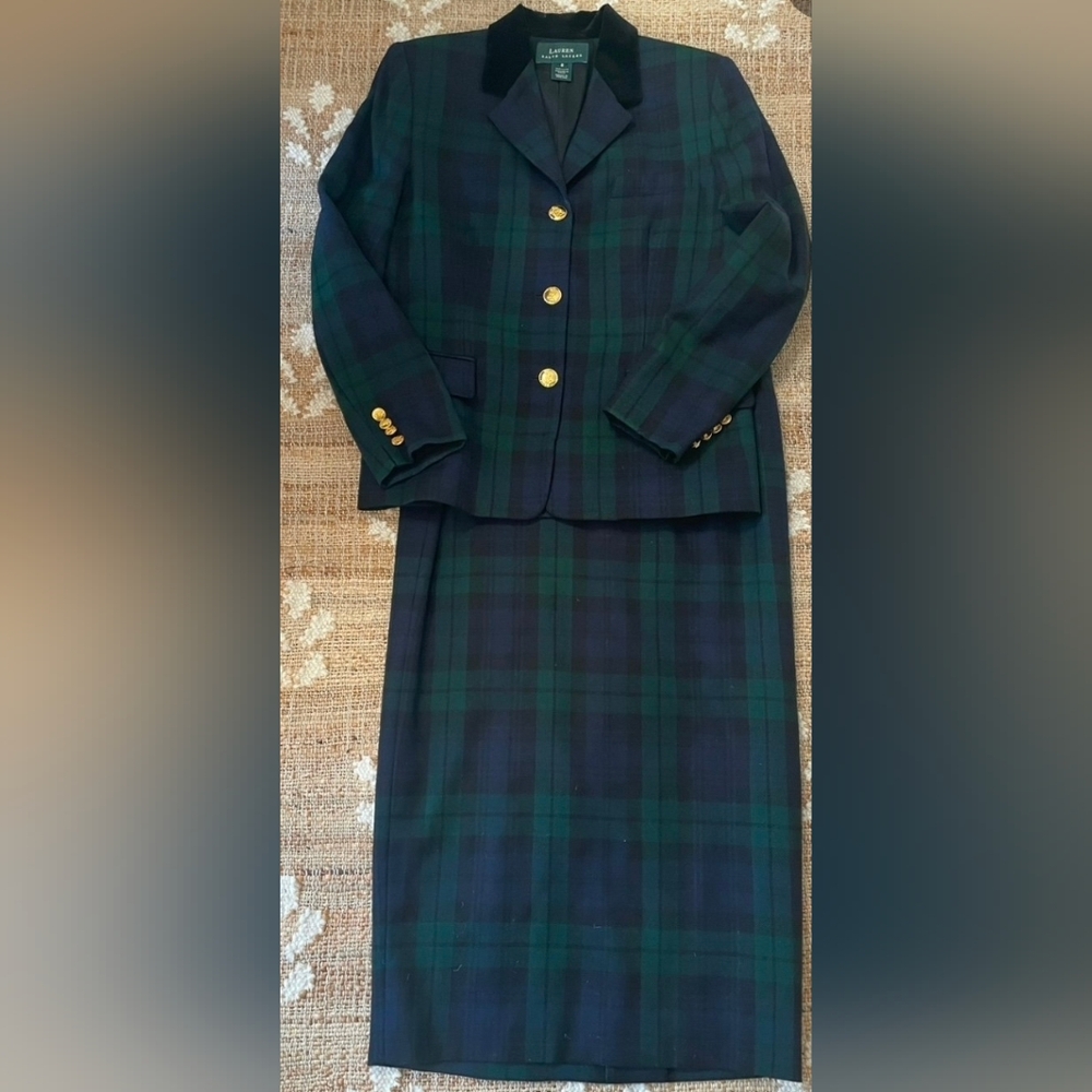 Vintage Lauren Plaid Blazer and Skirt Set with Gold Buttons
